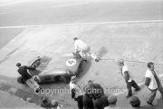 Aston Martin pit stop, withdrawing #4 Aston Martin DBR1/300 (Roy Salvadori and Tony Maggs). Diagnosis split fuel tank.