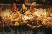 Seafood display in restaurant window