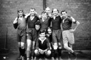 Towcester Grammar School Rugby Team forwards - John Hendy in the second row, with scrumcap
