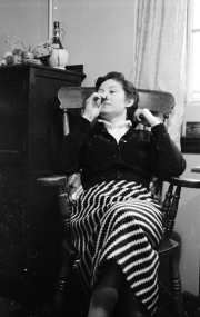 Edith at tea in hostel