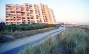 Modern apartments, evening sunlight