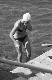 Lady in bikini and bathing cap